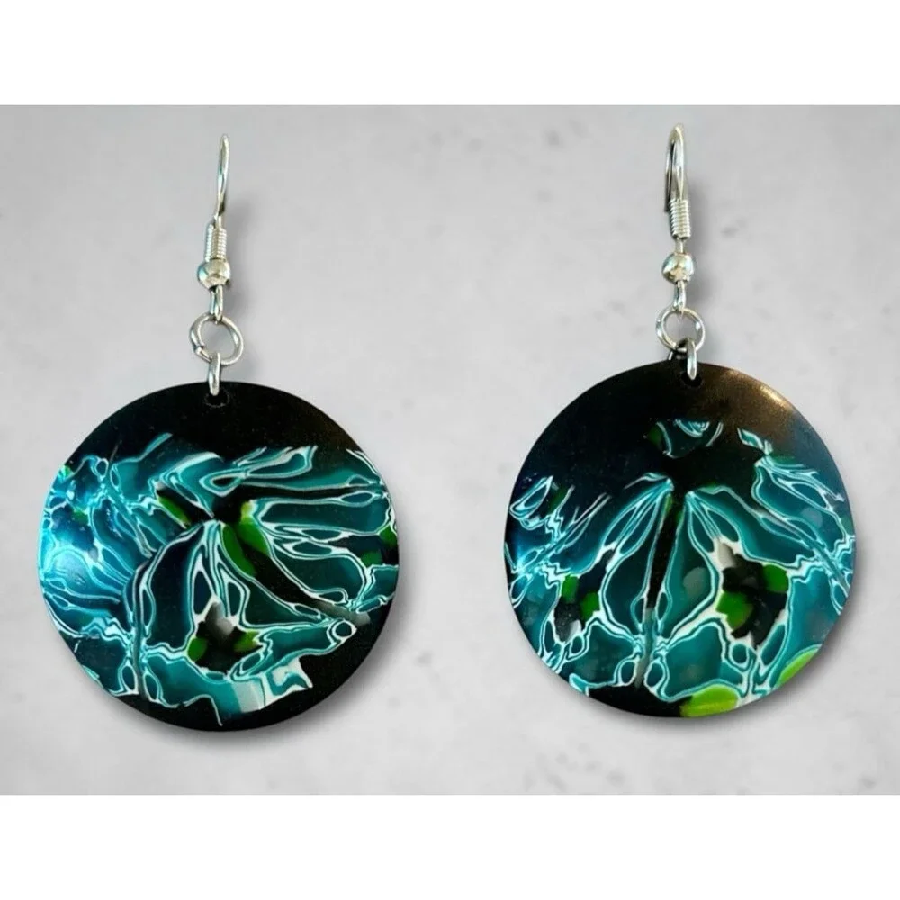 Handmade Blue & Black Abstract Floral Polymer Clay Pendant Necklace Earring Set